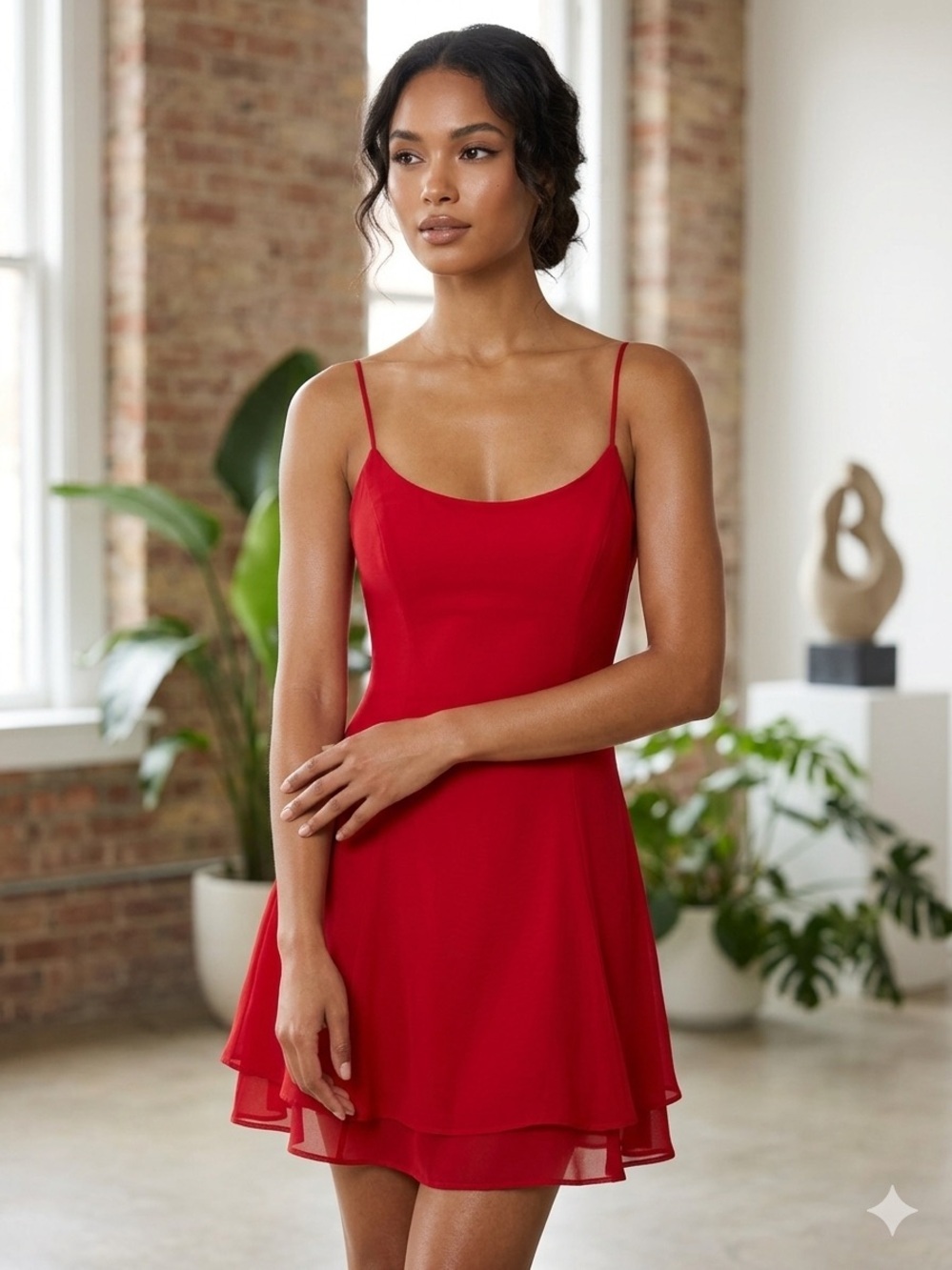 579 Vibrant Red Spaghetti-Strap Mini Dress